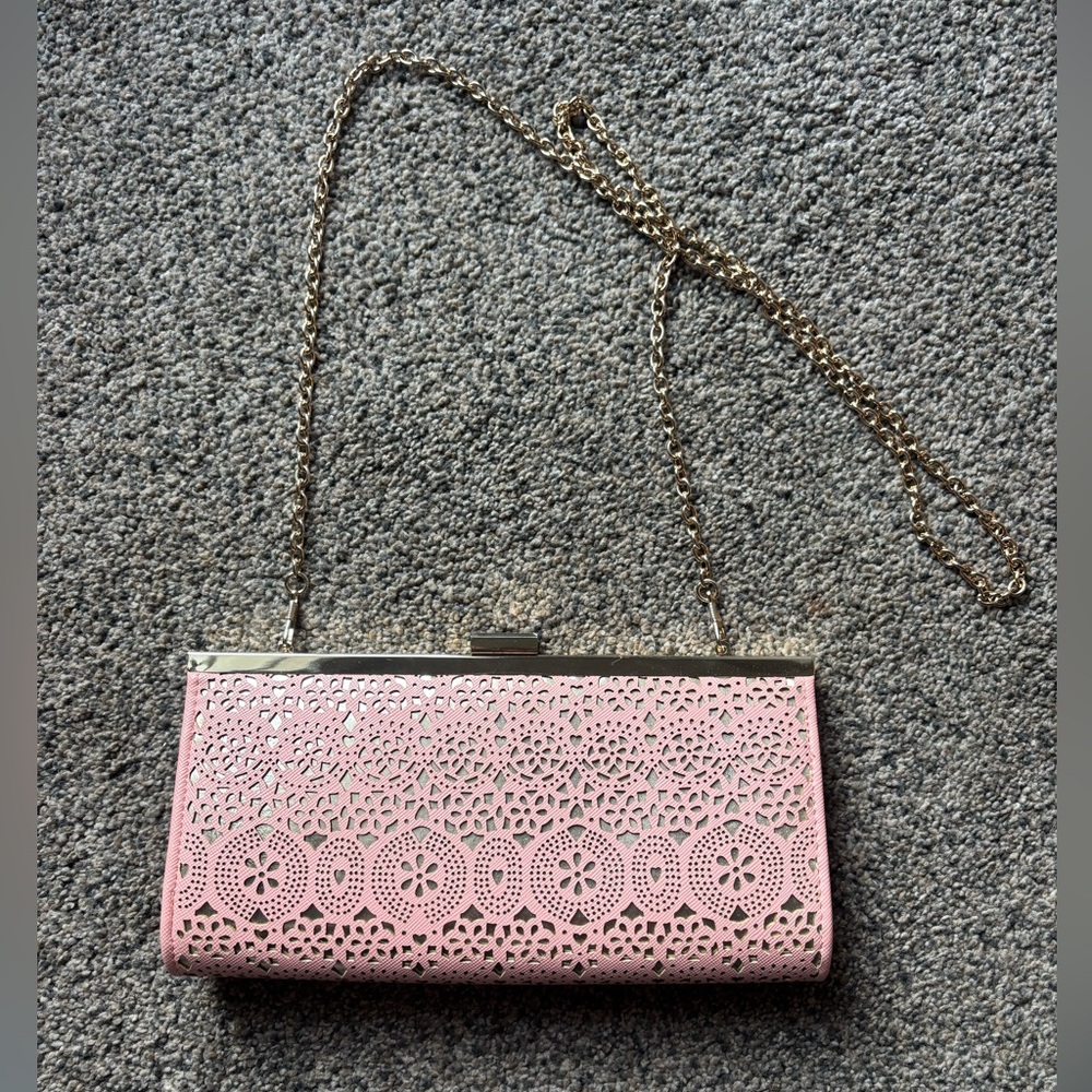 Jessica McClintock Pink Laser-Cut Clutch with Gold Chain